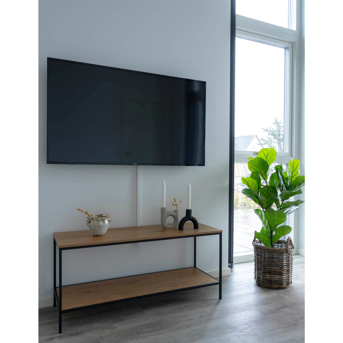 Vita TV-bænk - TV-bænk, 2 hylder, egetræslook, sort stel 100x36x45 cm